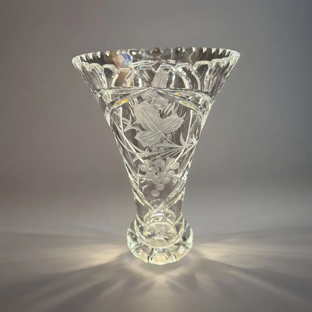 Vintage Crystal clear cut glass Vase Germany Lausitzer Glas etched grapes 10.5”